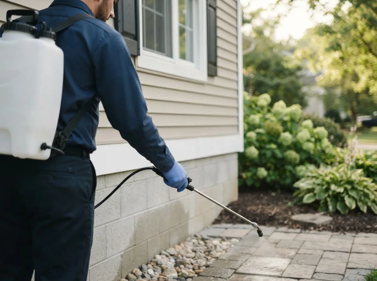 Pest control technician inspecting a home in Williamsfield, IL